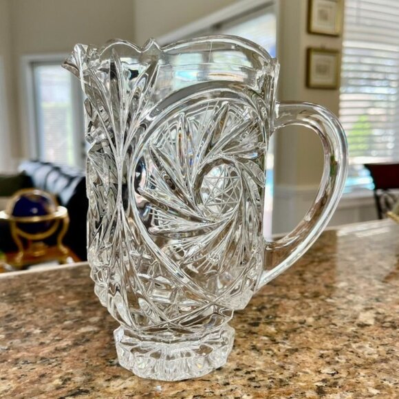 Authentic Bohemia Crystal Pitcher, Vintage Cut Glass with Starburst Leaf Pattern - Picture 2 of 10